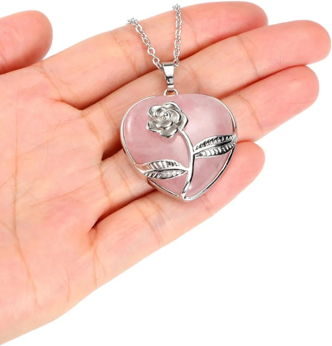 Jovivi Rose Flower Wrapped Crystal Heart Necklace Love Heart Natural Gemstone Healing Stone Pendant Necklaces Natural Spiritual Quartz Jewelry for Women Valentines Birthday Gifts