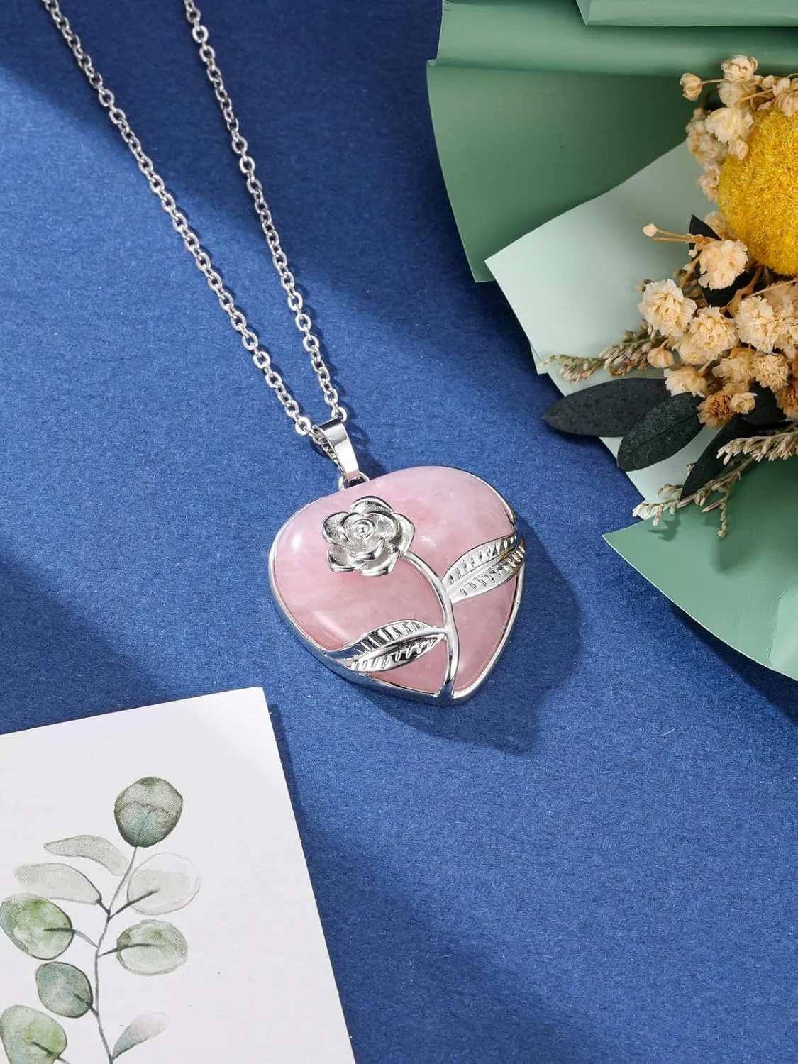 Jovivi Rose Flower Wrapped Crystal Heart Necklace Love Heart Natural Gemstone Healing Stone Pendant Necklaces Natural Spiritual Quartz Jewelry for Women Valentines Birthday Gifts