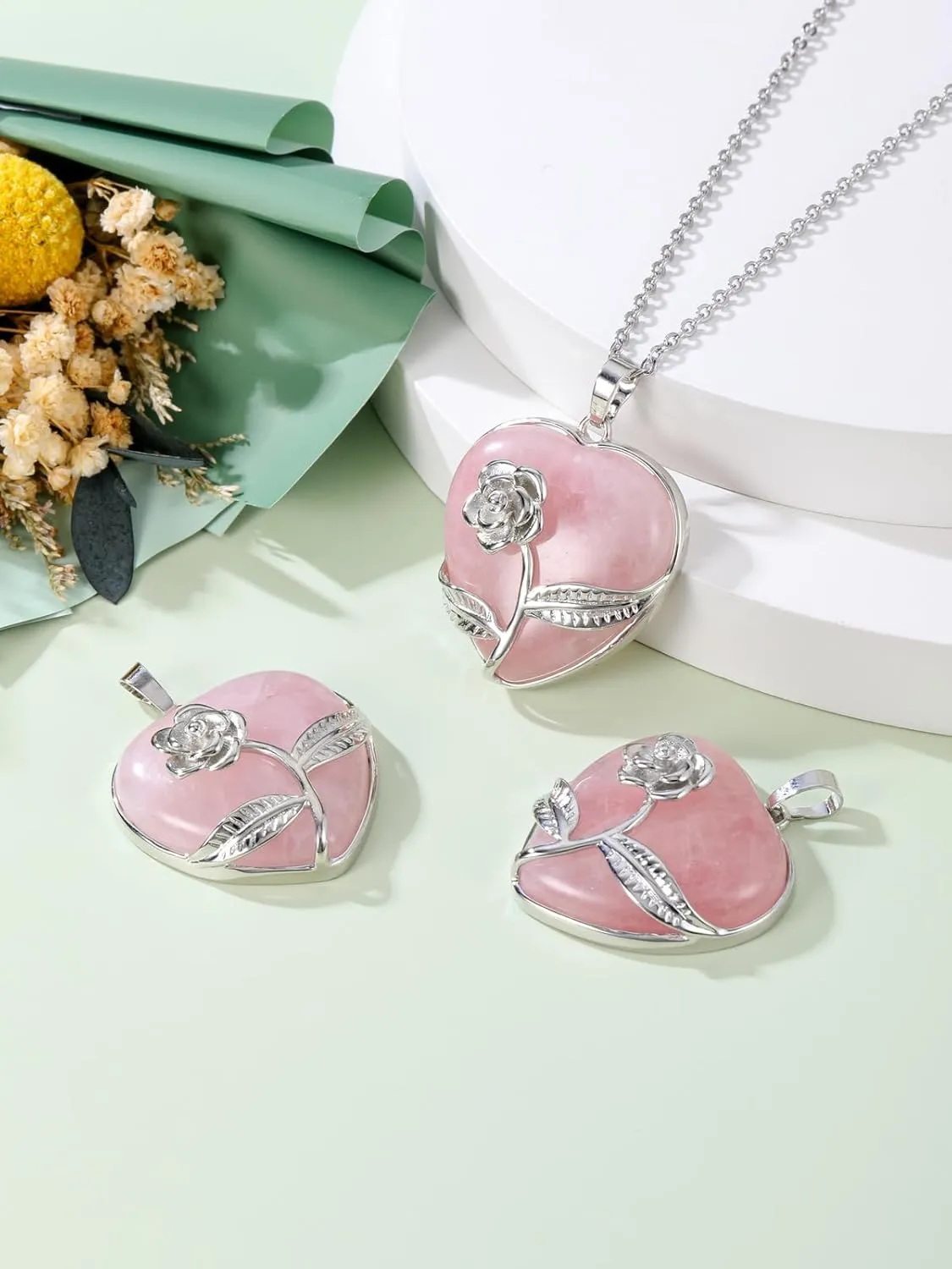 Jovivi Rose Flower Wrapped Crystal Heart Necklace Love Heart Natural Gemstone Healing Stone Pendant Necklaces Natural Spiritual Quartz Jewelry for Women Valentines Birthday Gifts
