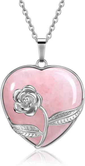 Jovivi Rose Flower Wrapped Crystal Heart Necklace Love Heart Natural Gemstone Healing Stone Pendant Necklaces Natural Spiritual Quartz Jewelry for Women Valentines Birthday Gifts