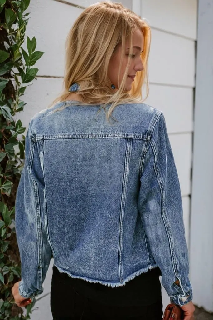 Kedera Womens Denim Jacket Distressed Frayed Ripped Jean Jacket Casual Button Down Light Jackets with Pockets