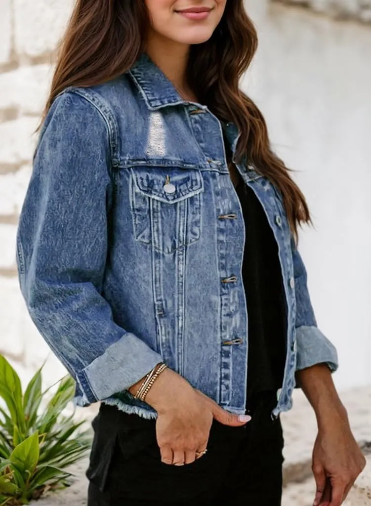 Kedera Womens Denim Jacket Distressed Frayed Ripped Jean Jacket Casual Button Down Light Jackets with Pockets