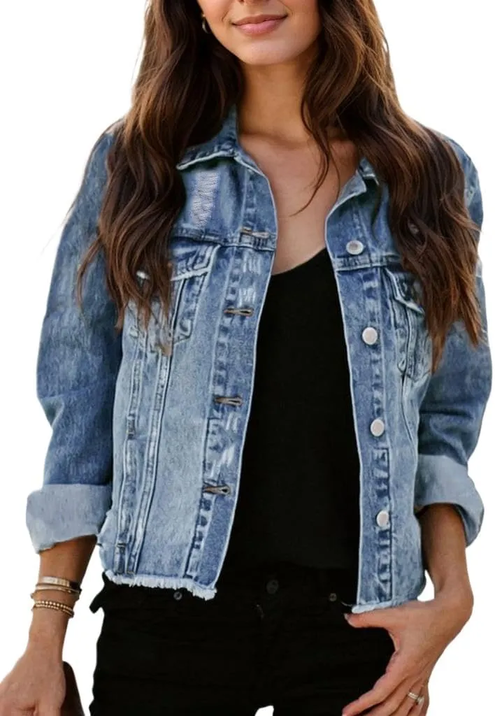 Kedera Womens Denim Jacket Distressed Frayed Ripped Jean Jacket Casual Button Down Light Jackets with Pockets