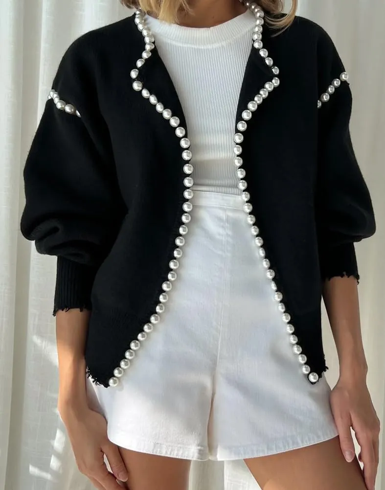 Kedera Women's Open Front Pearls Trim Cardigan Sweater Casual Knitted Long Sleeve Valentine's Day Outerwear Coat