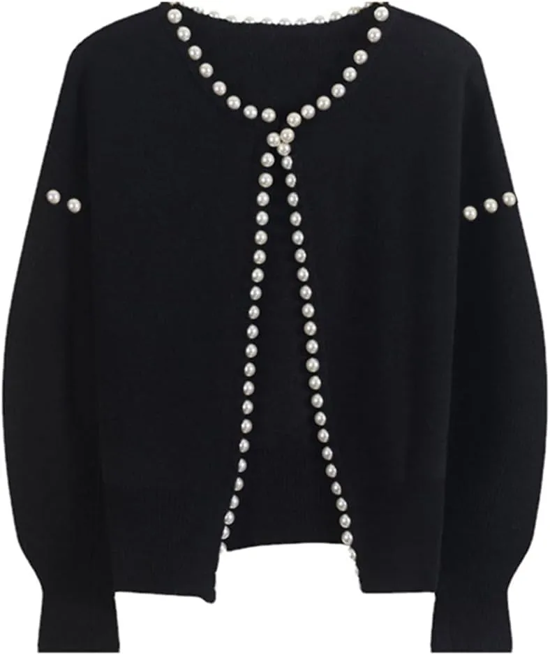 Kedera Women's Open Front Pearls Trim Cardigan Sweater Casual Knitted Long Sleeve Valentine's Day Outerwear Coat