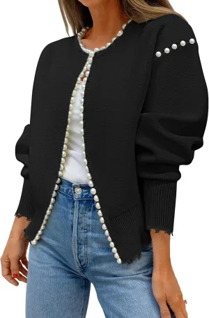Kedera Women's Open Front Pearls Trim Cardigan Sweater Casual Knitted Long Sleeve Valentine's Day Outerwear Coat