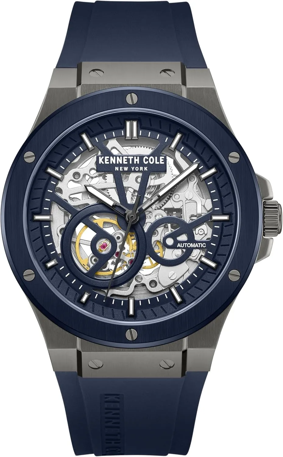 Kenneth Cole New York Men's Automatic Watch - Skeleton Dial, Two-Tone Blue and Silver Case, Dark Blue Silicone Strap, 43mm Case Design