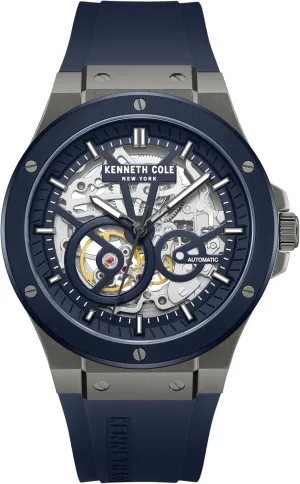 Kenneth Cole New York Men's Automatic Watch - Skeleton Dial, Two-Tone Blue and Silver Case, Dark Blue Silicone Strap, 43mm Case Design