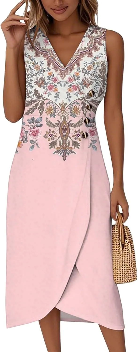 Kenvina Maxi Dresses for Women Summer Sleeveless Beach Vacation Dress Wrap Tank Dress Casual V Neck Irregular Hem Sundress