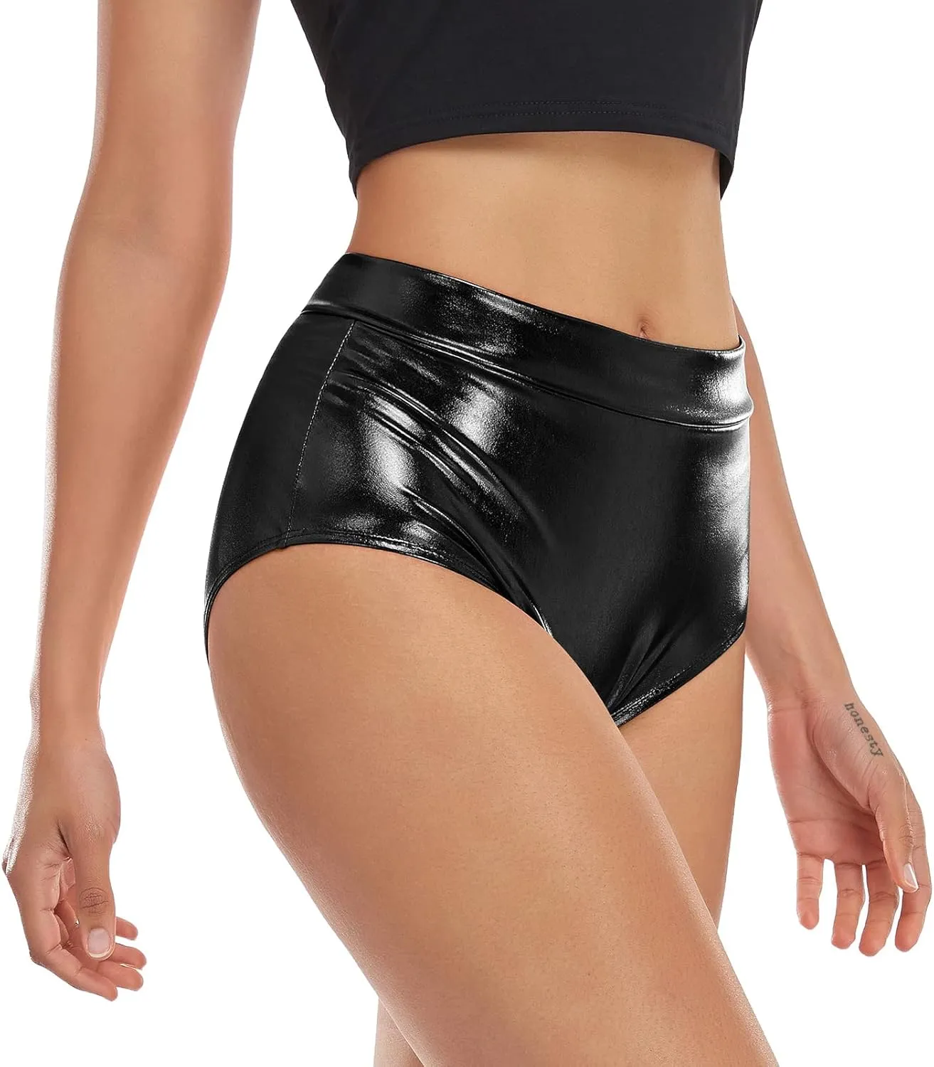 Kepblom Metallic High Waisted Booty Shorts Women's Shiny Cheeky Dance Festival Rave Bottoms