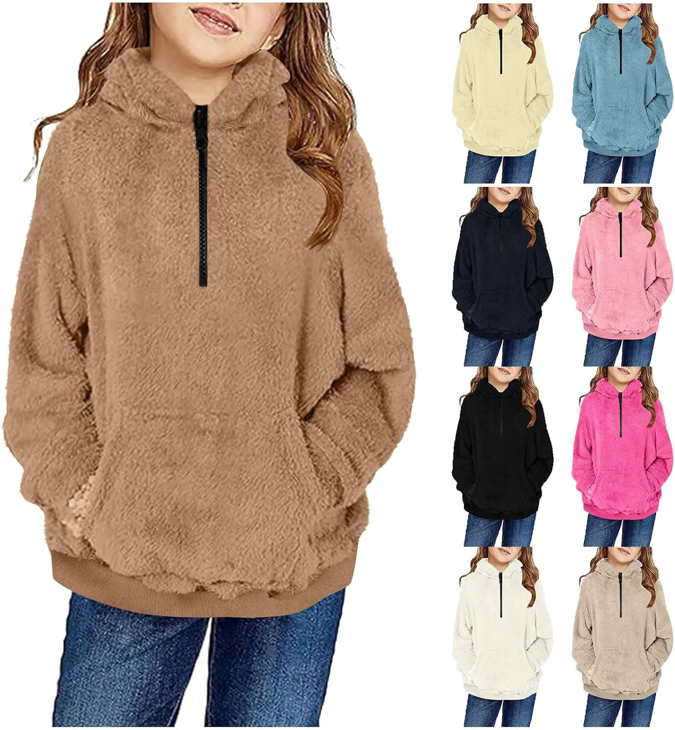 Kids Girls Fleece Hoodies Quarter Zip Pullover Sweatshirt Fuzzy Sherpa Hoodie Toddler Boys Warm Clothes Fluffy Sweater