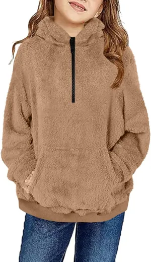 Kids Girls Fleece Hoodies Quarter Zip Pullover Sweatshirt Fuzzy Sherpa Hoodie Toddler Boys Warm Clothes Fluffy Sweater
