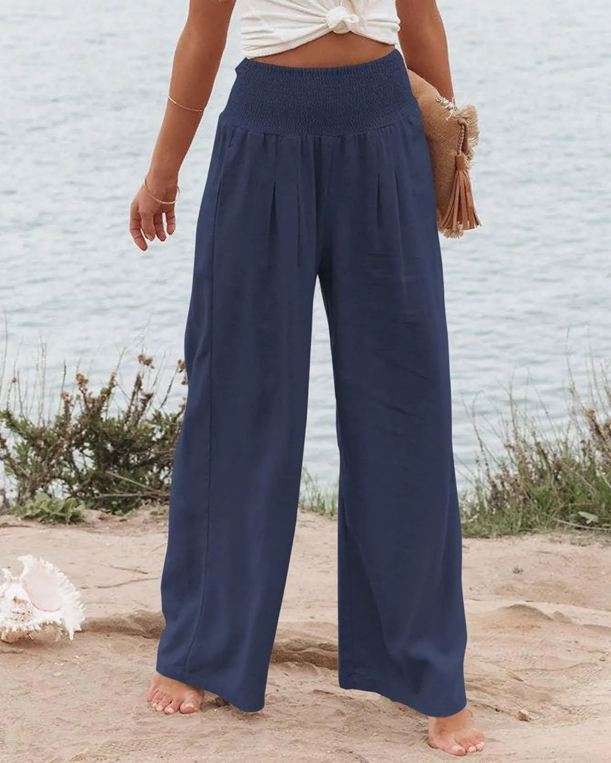 Kubbon Cotton Linen Pants for Women High Waist Smocked Palazzo Pants Casual Wide Leg Lounge Pant Beach Travel Trousers