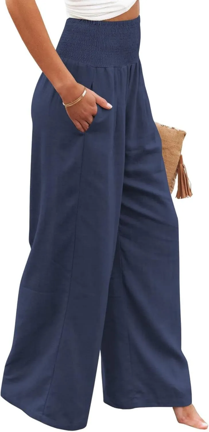 Kubbon Cotton Linen Pants for Women High Waist Smocked Palazzo Pants Casual Wide Leg Lounge Pant Beach Travel Trousers