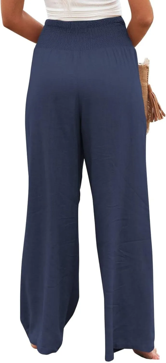 Kubbon Cotton Linen Pants for Women High Waist Smocked Palazzo Pants Casual Wide Leg Lounge Pant Beach Travel Trousers