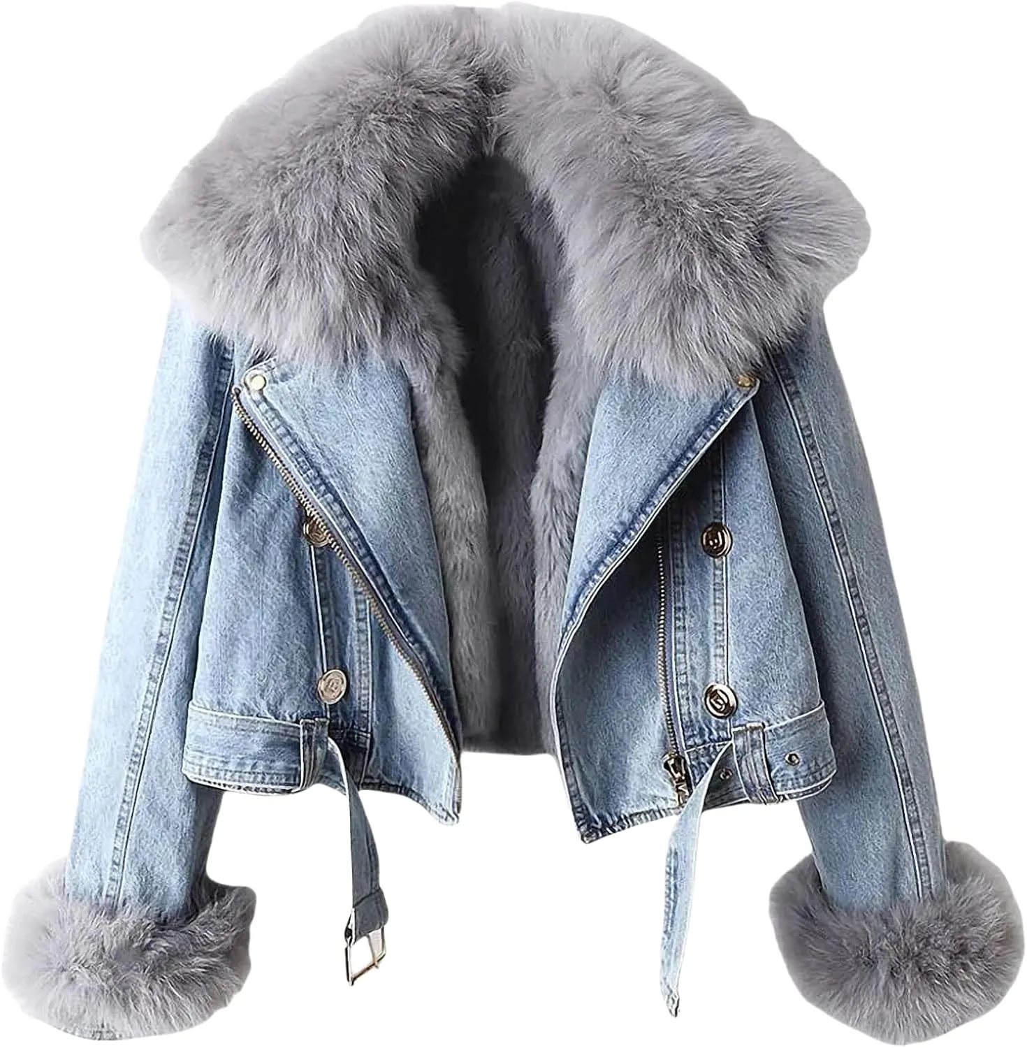 Kubbon Women Denim Jacket Sherpa Fleece Lined Short Denim Jacket Faux Fur Crop Parka Shacket Thicken Shaggy Winter Outwear