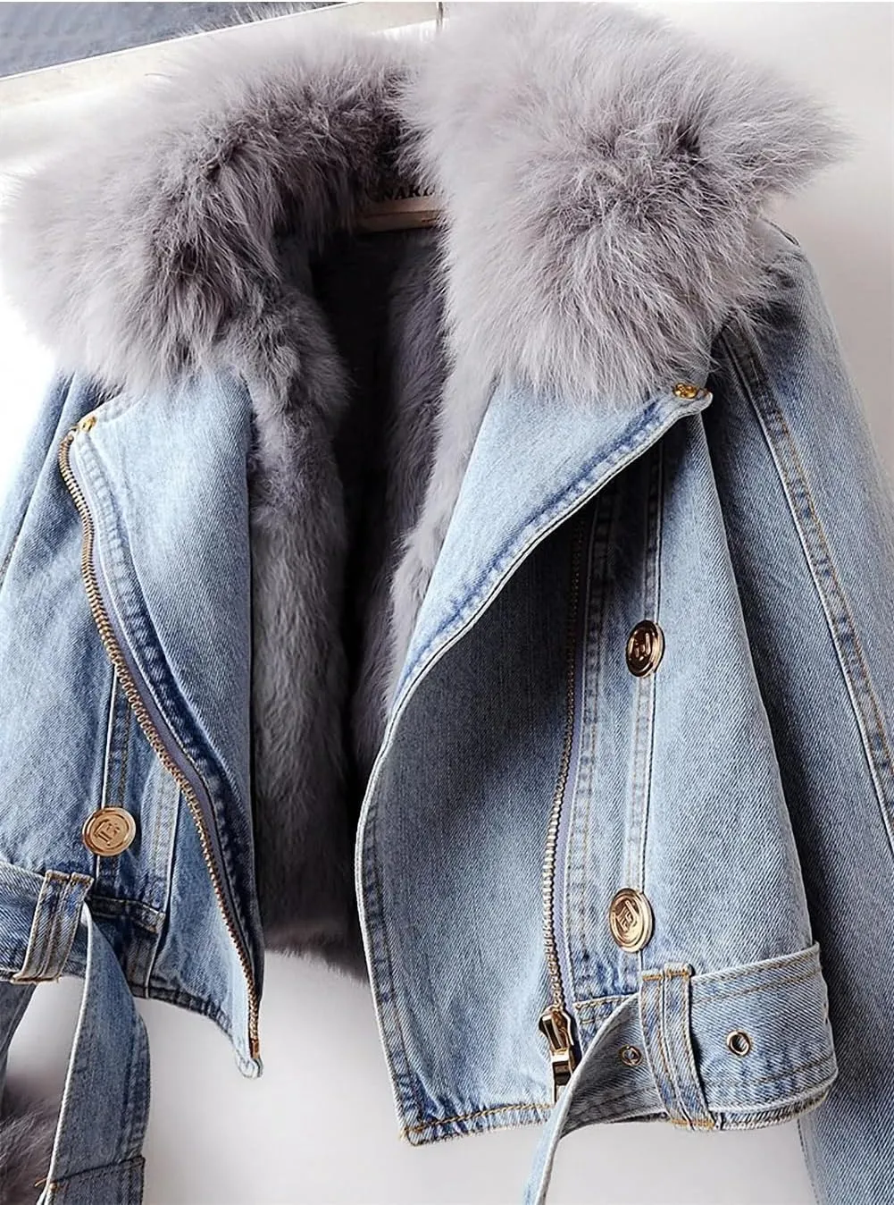 Kubbon Women Denim Jacket Sherpa Fleece Lined Short Denim Jacket Faux Fur Crop Parka Shacket Thicken Shaggy Winter Outwear