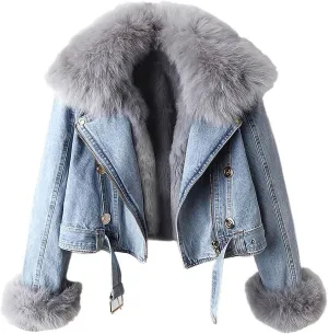 Kubbon Women Denim Jacket Sherpa Fleece Lined Short Denim Jacket Faux Fur Crop Parka Shacket Thicken Shaggy Winter Outwear