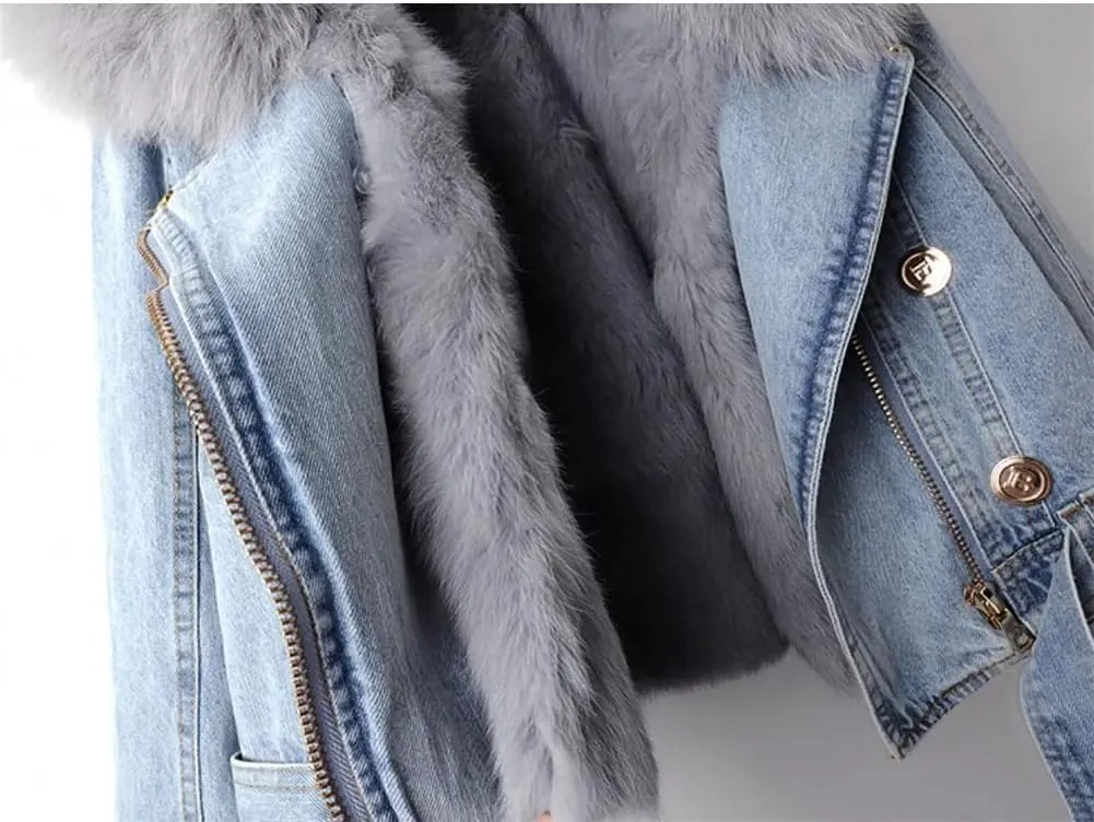 Kubbon Women Denim Jacket Sherpa Fleece Lined Short Denim Jacket Faux Fur Crop Parka Shacket Thicken Shaggy Winter Outwear