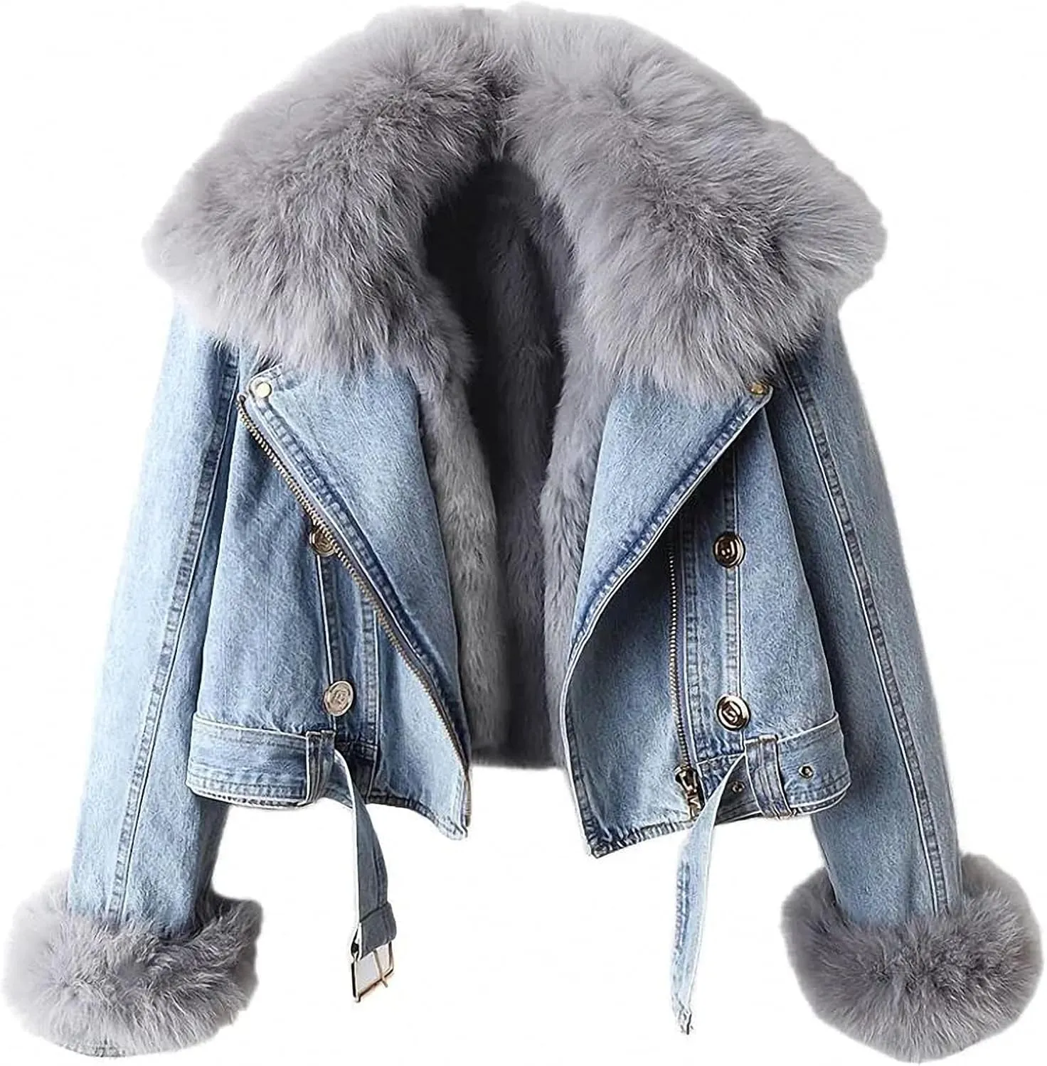 Kubbon Women Denim Jacket Sherpa Fleece Lined Short Denim Jacket Faux Fur Crop Parka Shacket Thicken Shaggy Winter Outwear