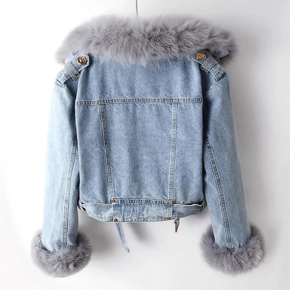 Kubbon Women Denim Jacket Sherpa Fleece Lined Short Denim Jacket Faux Fur Crop Parka Shacket Thicken Shaggy Winter Outwear