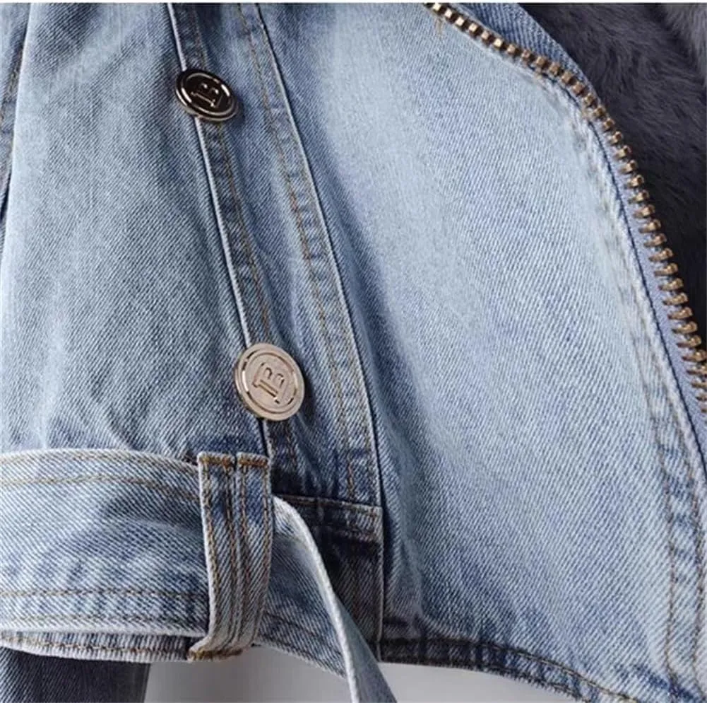 Kubbon Women Denim Jacket Sherpa Fleece Lined Short Denim Jacket Faux Fur Crop Parka Shacket Thicken Shaggy Winter Outwear