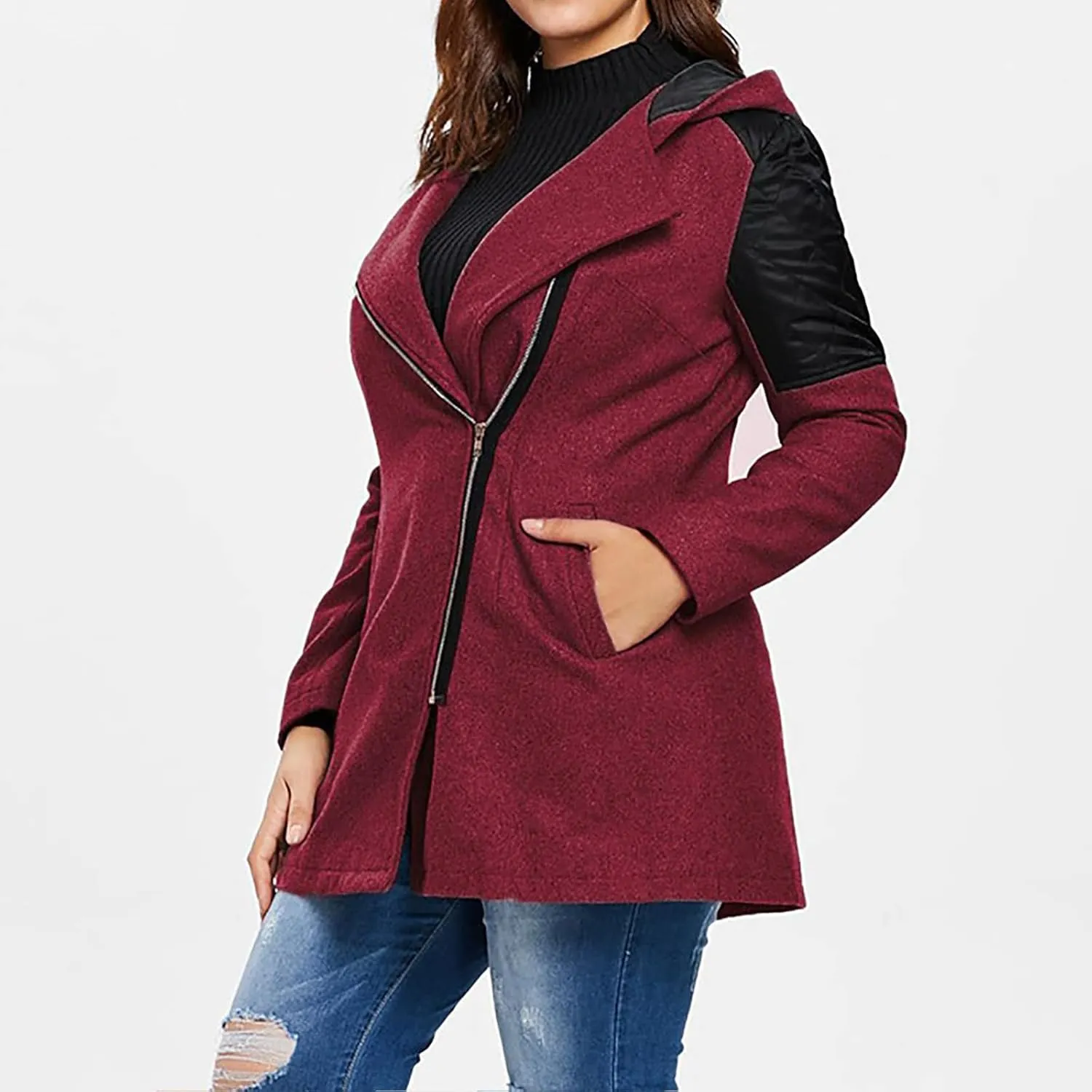 Kubbon Women Wool Blend Jacket Oversized Zip Up Long Sleeve Pea Coat Elegant Lapel Open Front Trench Coat with Pockets