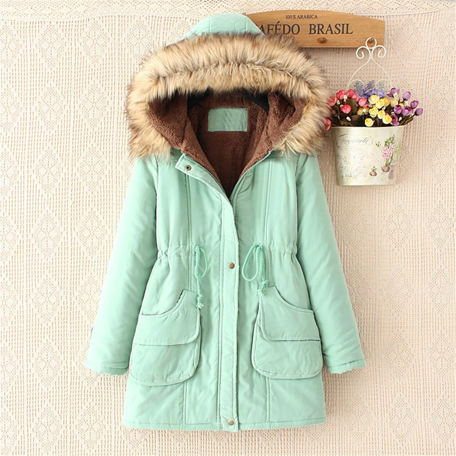 Kubbon Women's Winter Down Coat Fleece Lined Mid Length Parka Coats Long Sleeve Warm Puffer Jacket with Faux Fur Hood