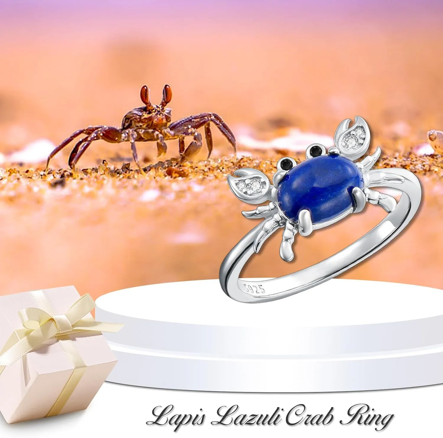 KZX Lapis Lazuli Crab Ring 925 Sterling Silver Crab Ring Cute Crab Jewelry Gift for Women (Ring Size 6-10)