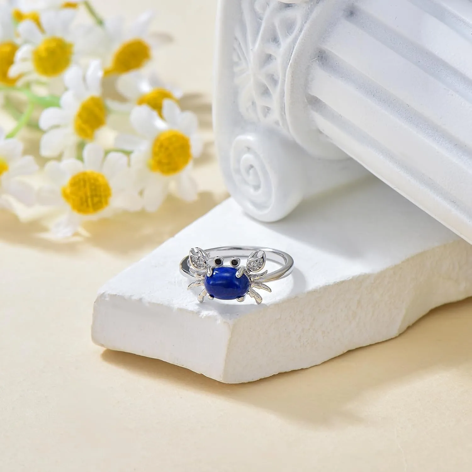 KZX Lapis Lazuli Crab Ring 925 Sterling Silver Crab Ring Cute Crab Jewelry Gift for Women (Ring Size 6-10)