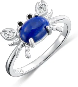 KZX Lapis Lazuli Crab Ring 925 Sterling Silver Crab Ring Cute Crab Jewelry Gift for Women (Ring Size 6-10)