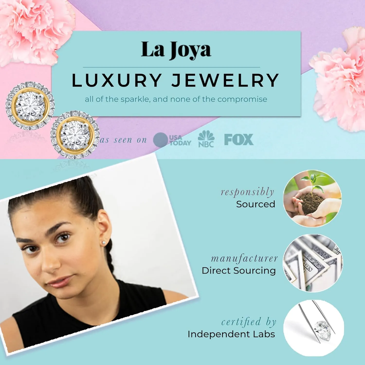 La Joya 1/2-1 CT TW Lab Grown Halo Diamond Earrings For Women and Men in 10KT Solid Gold | Scintillating Lab Created Diamond Stud Earrings for Women