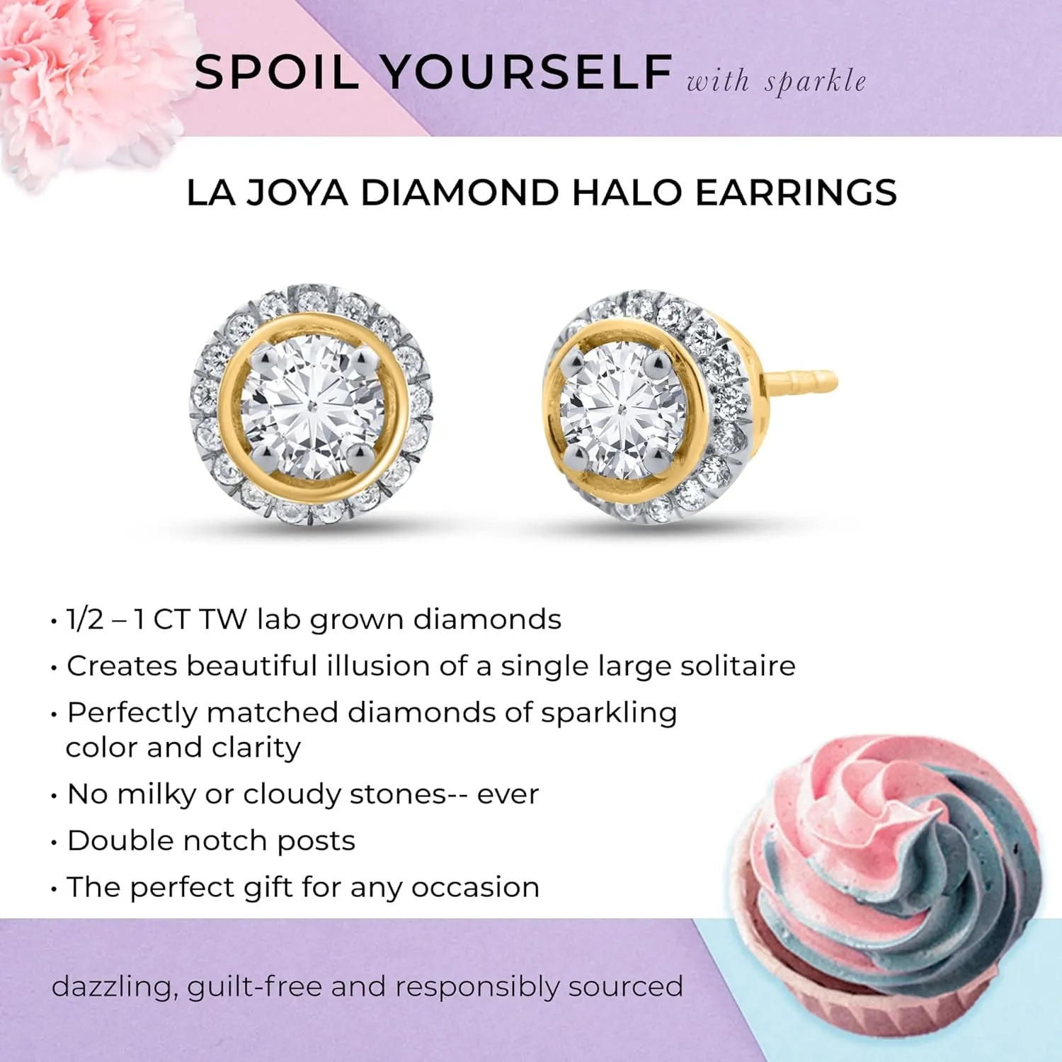 La Joya 1/2-1 CT TW Lab Grown Halo Diamond Earrings For Women and Men in 10KT Solid Gold | Scintillating Lab Created Diamond Stud Earrings for Women