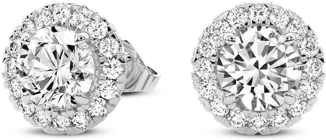 Lab Grown Diamond Halo Earrings | Round Shape 1 Carat - 1.5 Carat 14K Or 10K White Gold | Prong Setting Friendly Diamonds