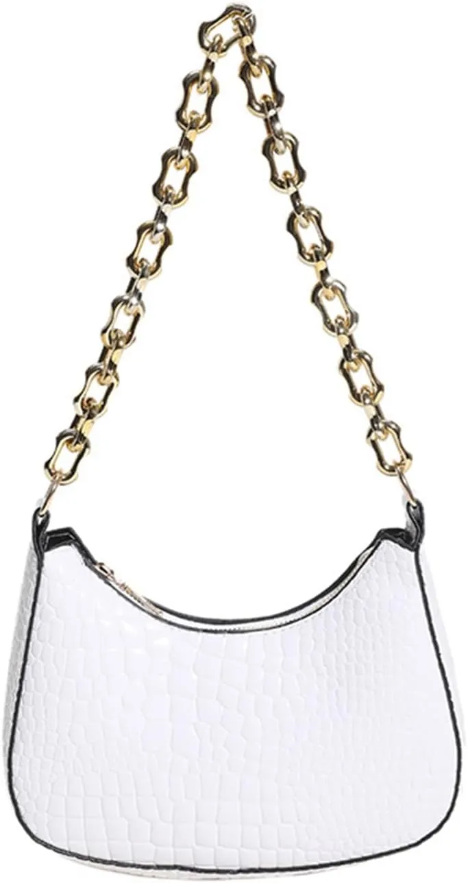 Ladies Small Shoulder Bag with Chain Strap Evening Bag Clutch Purse Handbag for Women Underarm Bag for Work Travel (White)
