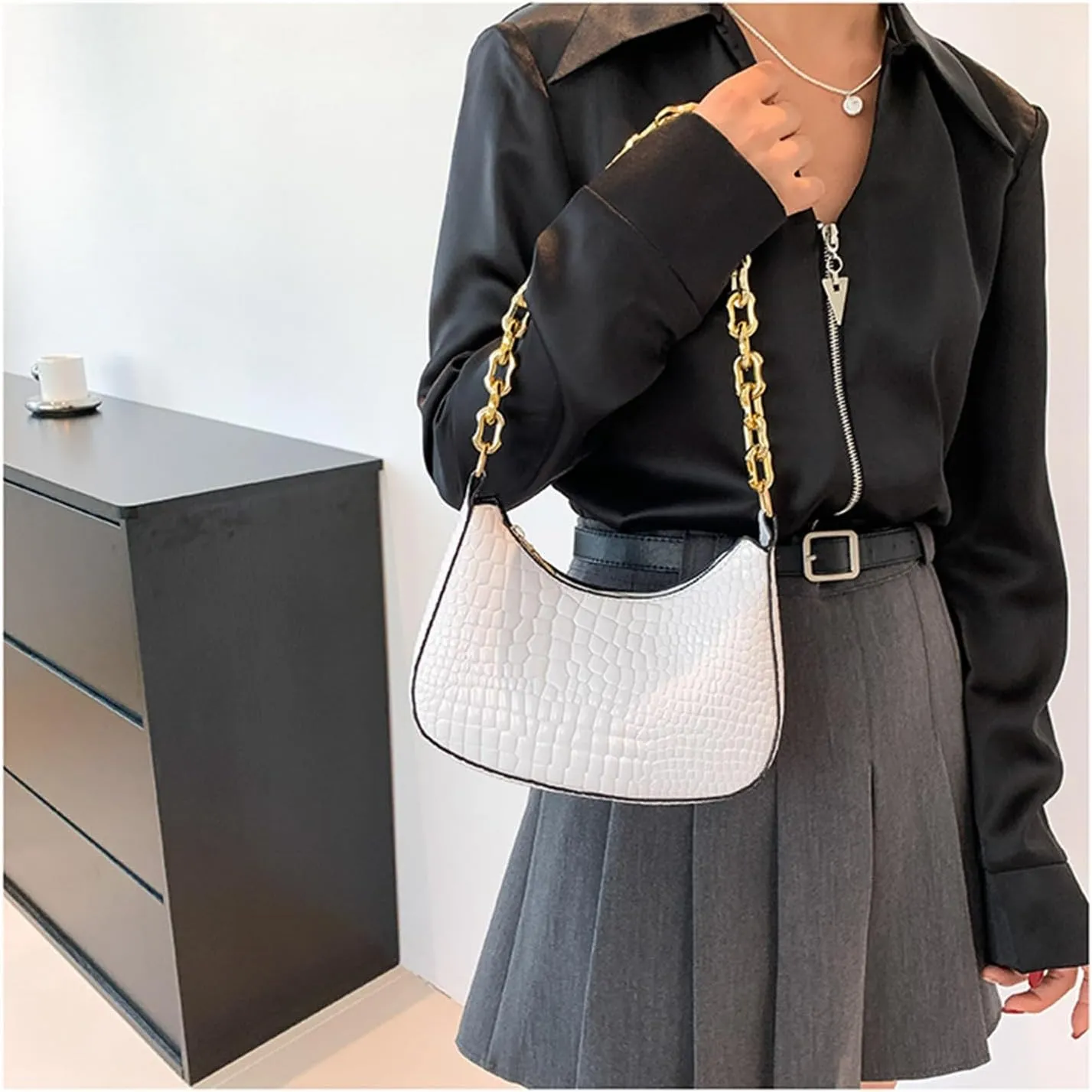 Ladies Small Shoulder Bag with Chain Strap Evening Bag Clutch Purse Handbag for Women Underarm Bag for Work Travel (White)