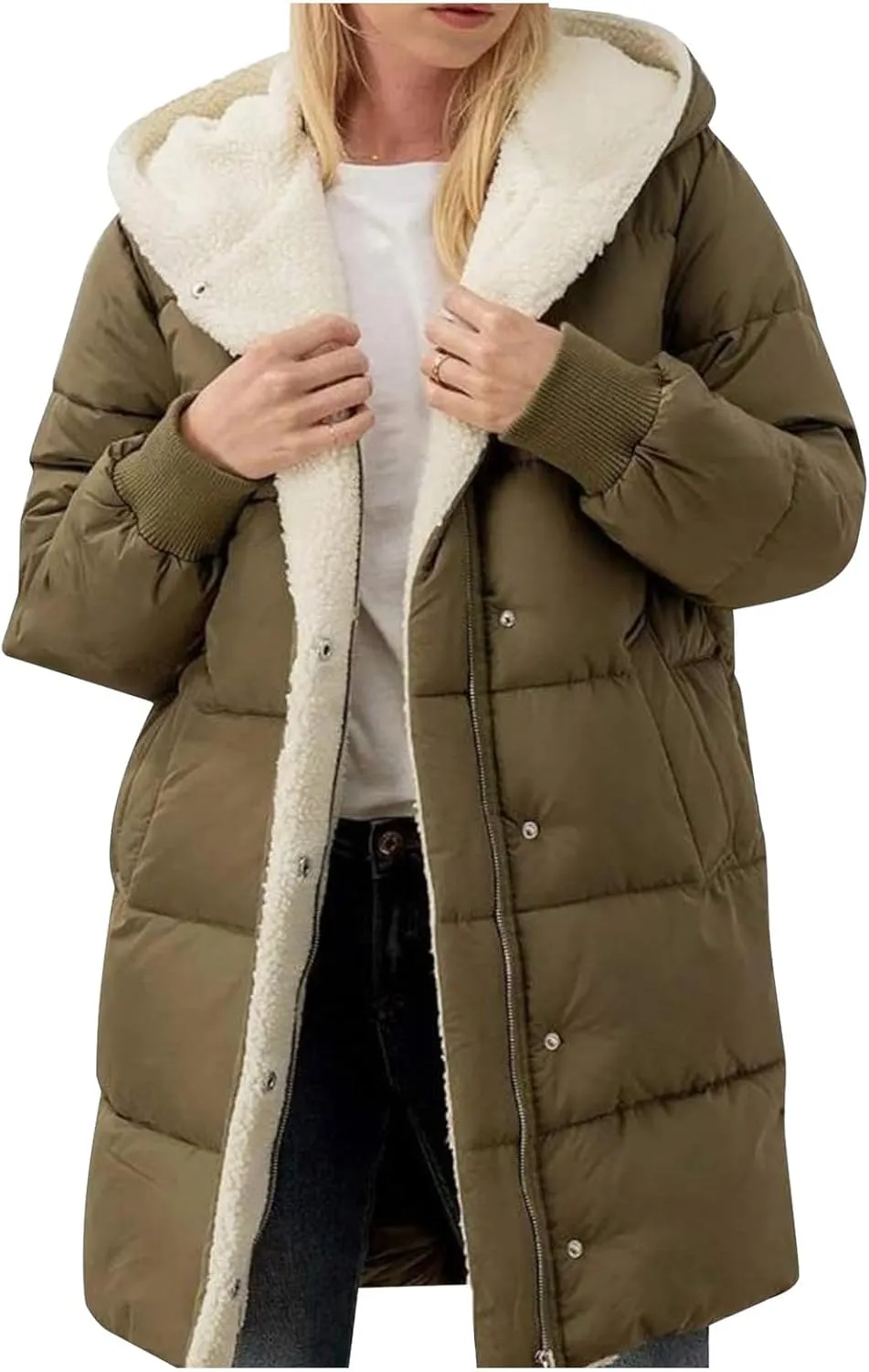 Ladies Solid Color Hooded Padded Jacket Long Sleeve Double Velvet Slim Temperament Cardigan Coat Womens down