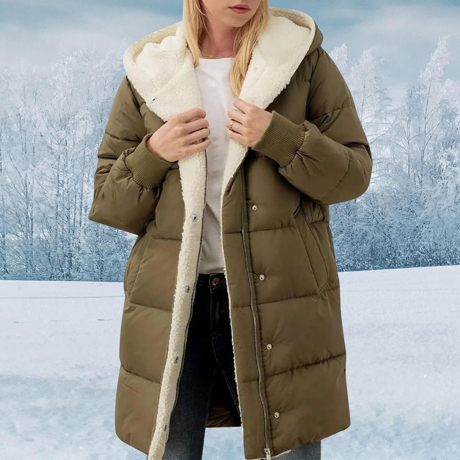 Ladies Solid Color Hooded Padded Jacket Long Sleeve Double Velvet Slim Temperament Cardigan Coat Womens down