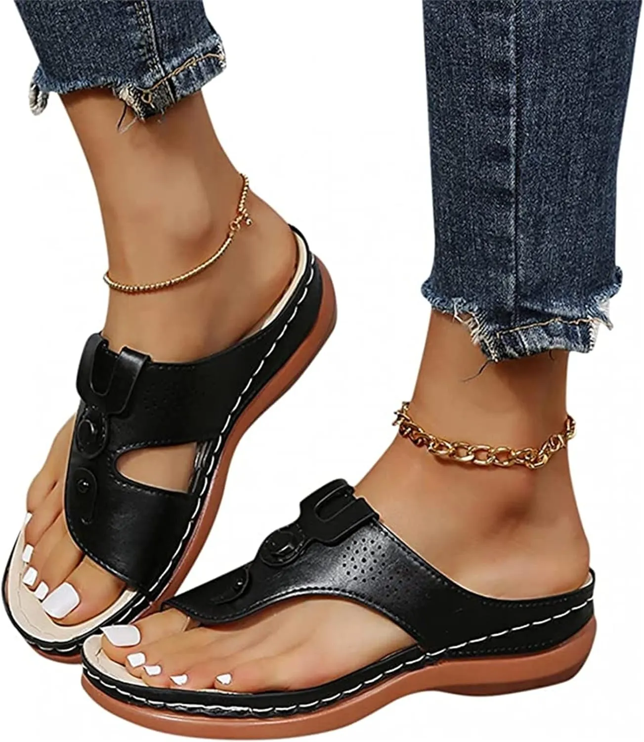 Ladmiple Sandals Women Wedge Low Heel Comfortable Orthopedic Sandals Dressy Casual Summer Slip On Walking Orthotic Flip Flops