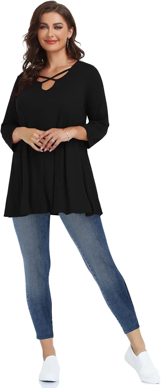 LARACE Plus Size Tops for Women V Neck 3/4 Sleeve Tunic Criss Cross Dress Shirts Casual Fall Blouse for Leggings