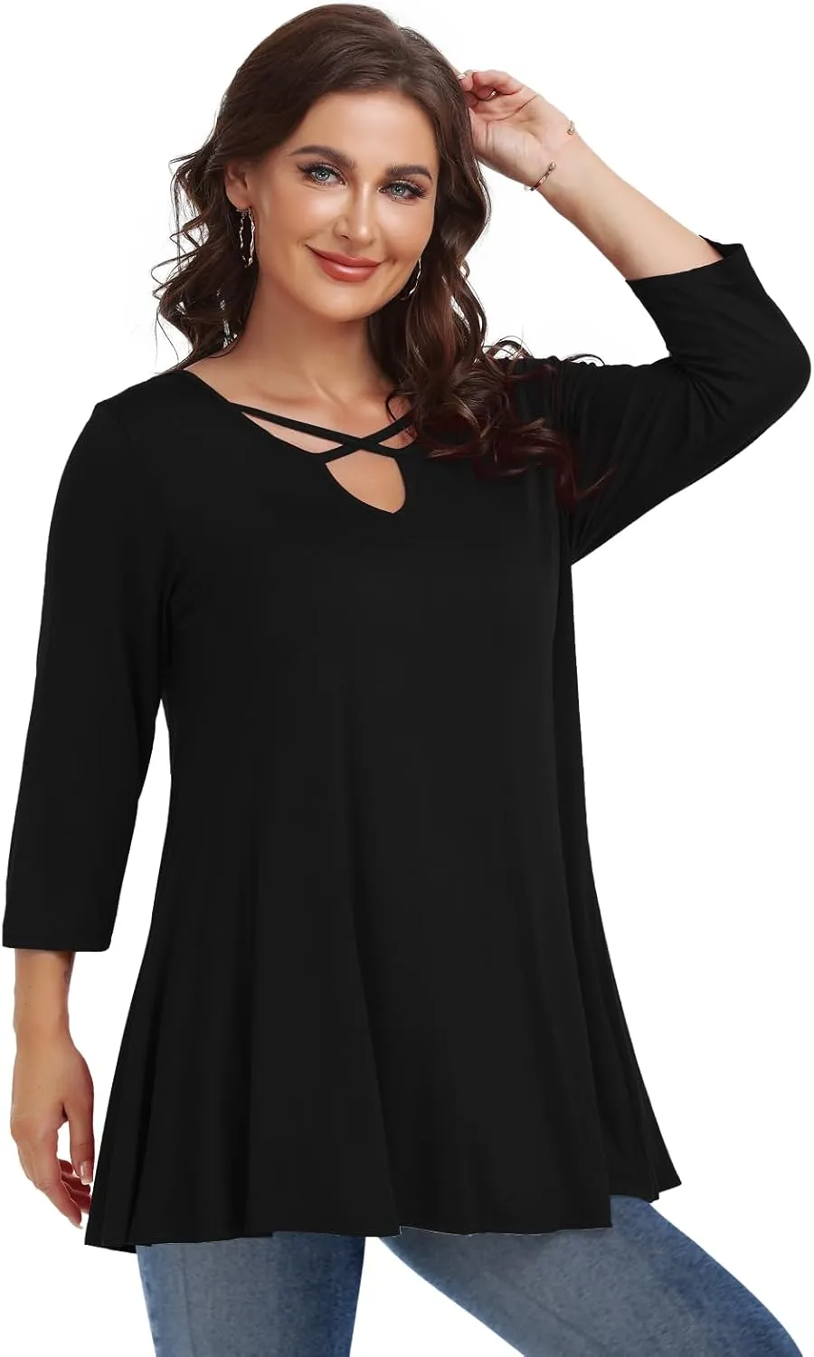 LARACE Plus Size Tops for Women V Neck 3/4 Sleeve Tunic Criss Cross Dress Shirts Casual Fall Blouse for Leggings