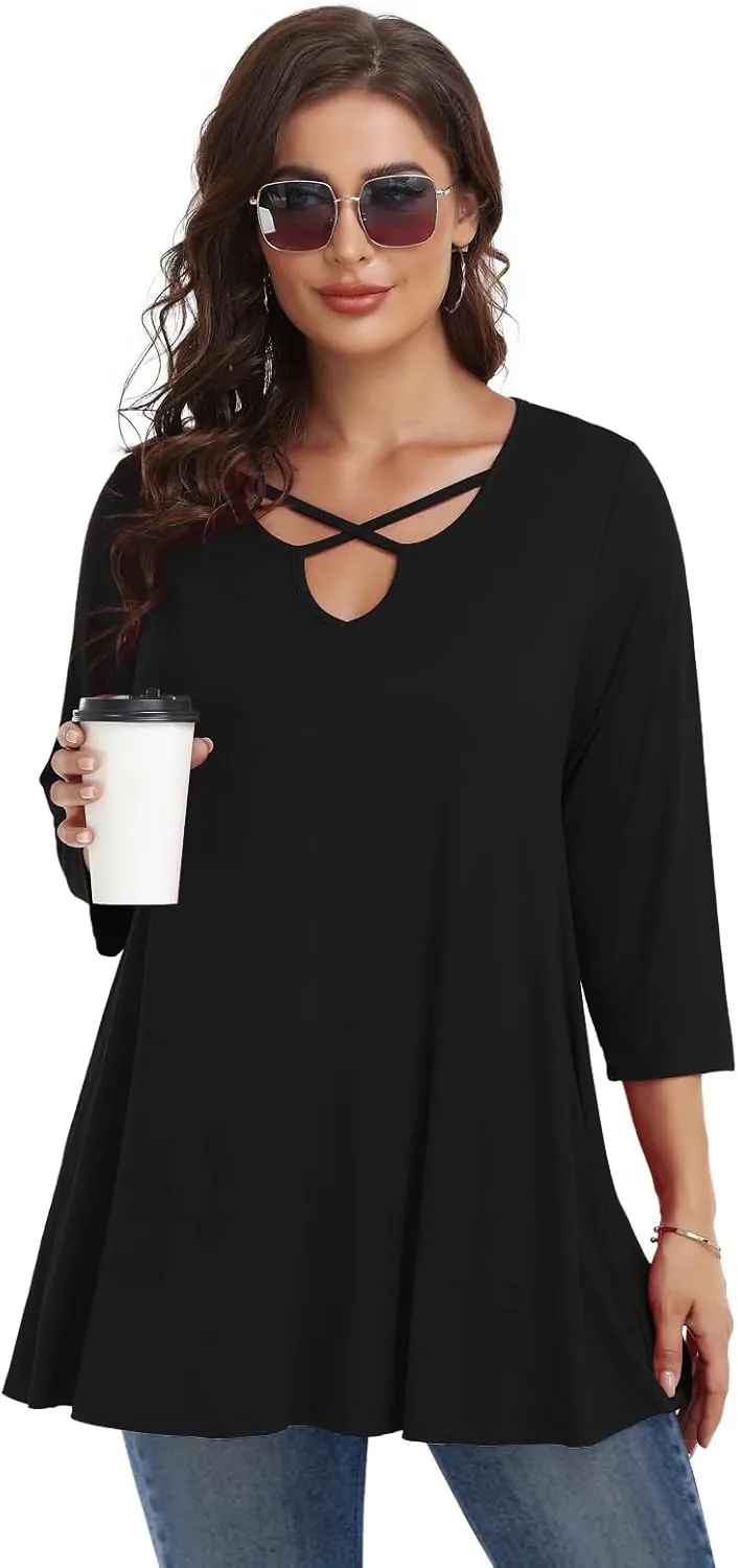 LARACE Plus Size Tops for Women V Neck 3/4 Sleeve Tunic Criss Cross Dress Shirts Casual Fall Blouse for Leggings