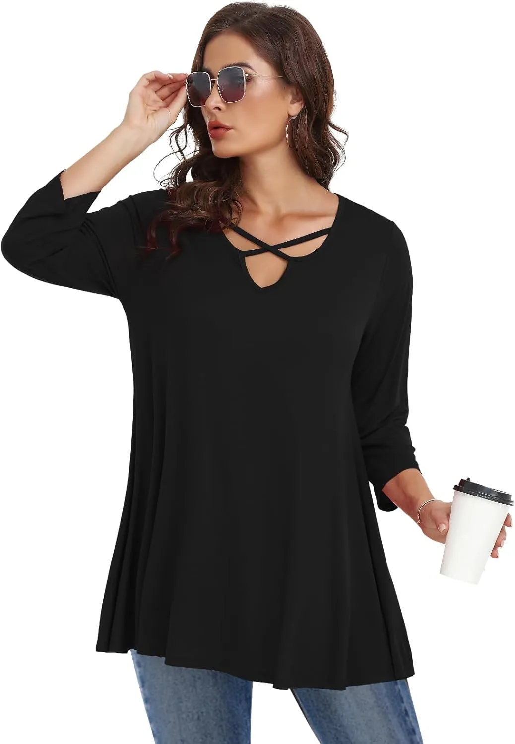 LARACE Plus Size Tops for Women V Neck 3/4 Sleeve Tunic Criss Cross Dress Shirts Casual Fall Blouse for Leggings