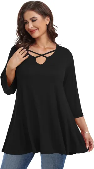 LARACE Plus Size Tops for Women V Neck 3/4 Sleeve Tunic Criss Cross Dress Shirts Casual Fall Blouse for Leggings