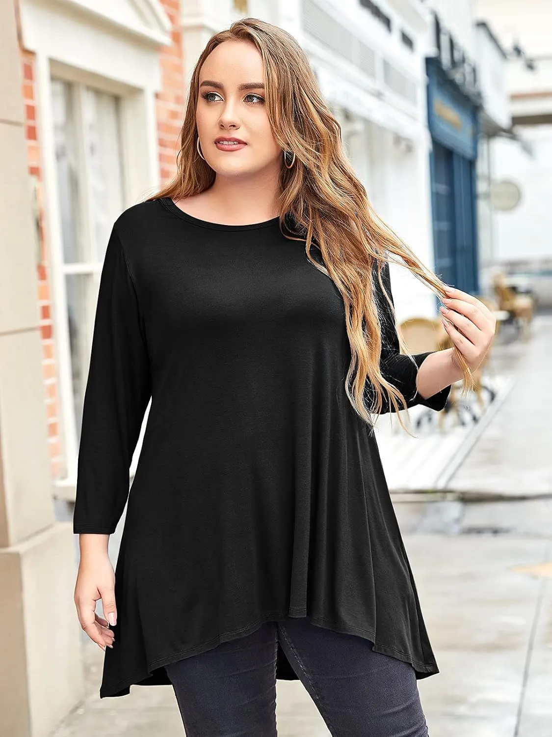 LARACE Womens Plus Size 3/4 Sleeve Loose Fit Flare Swing Tunic Tops Floral High Low Basic T Shirt