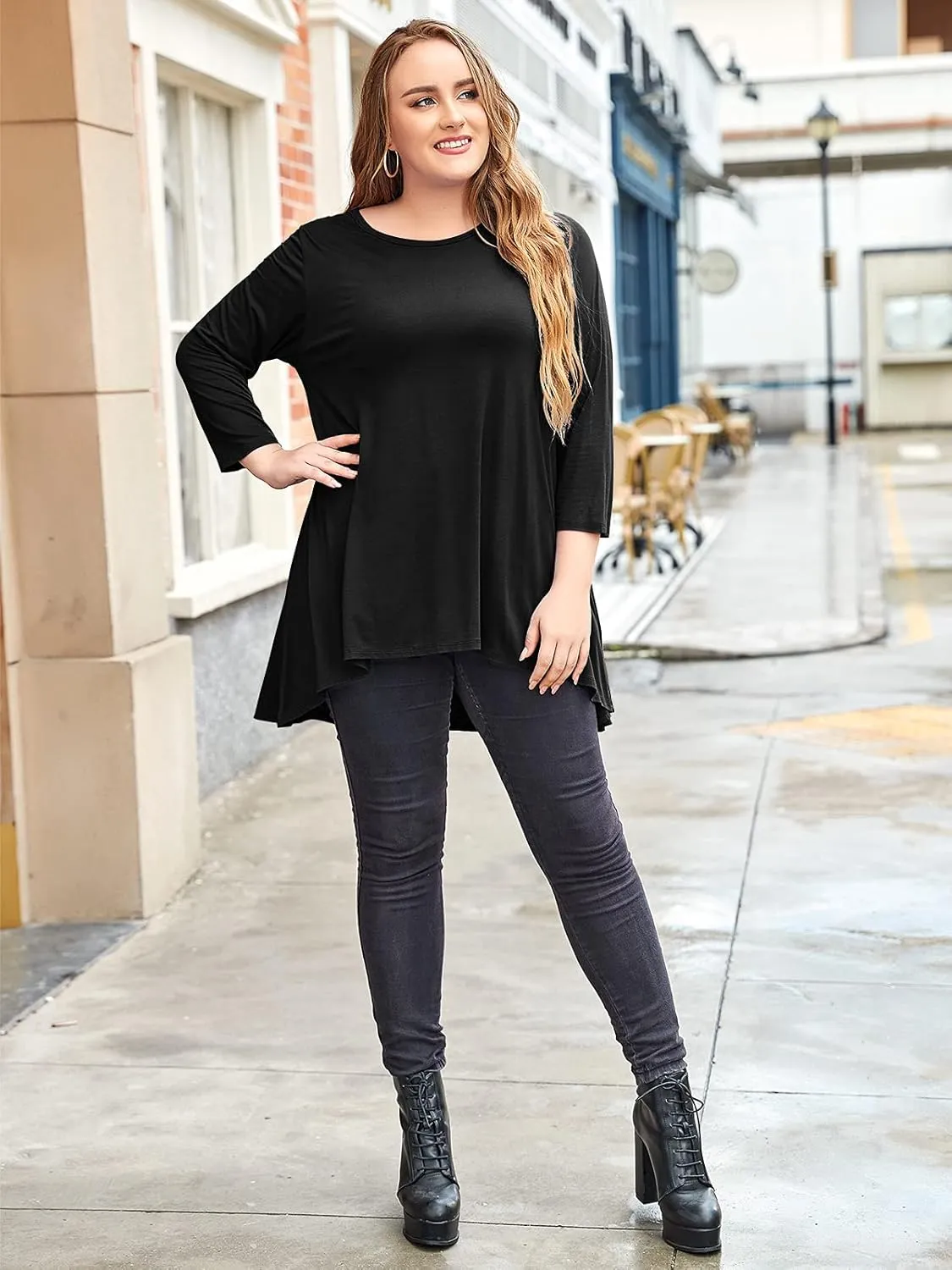 LARACE Womens Plus Size 3/4 Sleeve Loose Fit Flare Swing Tunic Tops Floral High Low Basic T Shirt
