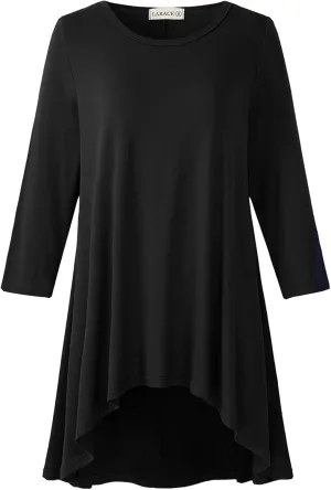LARACE Womens Plus Size 3/4 Sleeve Loose Fit Flare Swing Tunic Tops Floral High Low Basic T Shirt