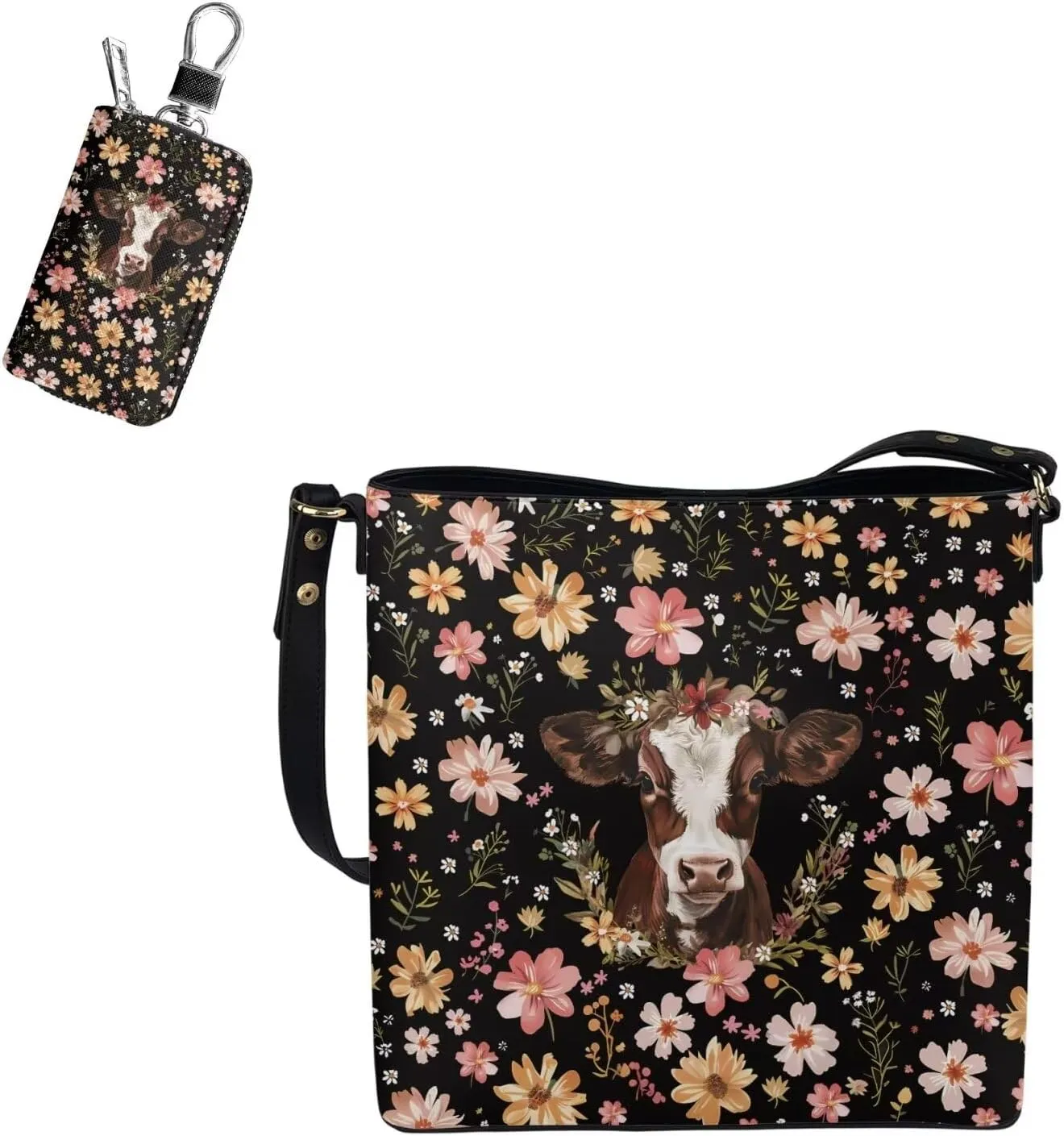 Large Bucket Tote Bag for Women Matching Key Fob Protector Case Leather Satchel Handbag Set of 2