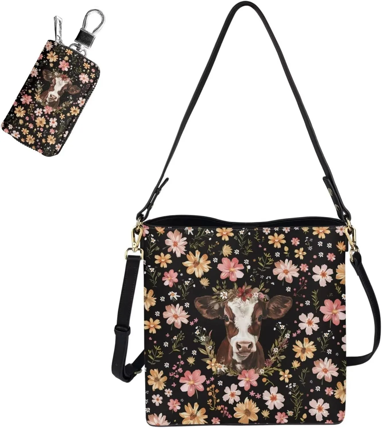Large Bucket Tote Bag for Women Matching Key Fob Protector Case Leather Satchel Handbag Set of 2