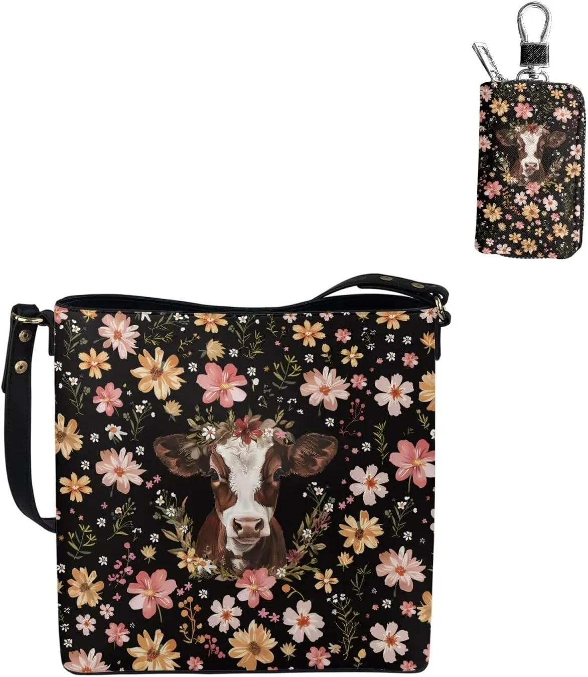 Large Bucket Tote Bag for Women Matching Key Fob Protector Case Leather Satchel Handbag Set of 2
